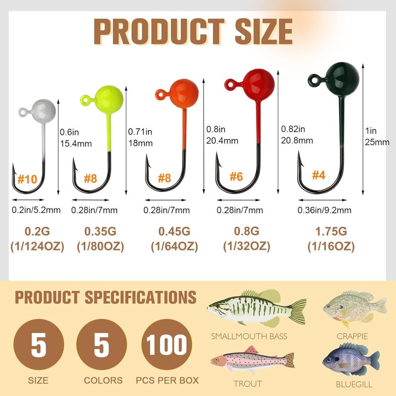 Dovesun 100pcs Fly Tying Jigs Kit, Jig Heads for Fly Fishing 1/124oz 1/80oz 1/64oz 1/32oz 1/16oz Jig Head Small Fly Fishing Hooks DIY Lure Making Kit Suit for Tying Flies | Crappie Lures - Image 2